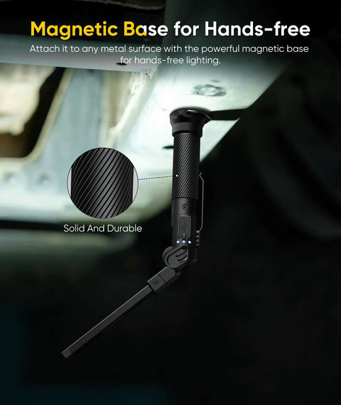 Magnetic Work Light With 3200mAh Battery And 800 Lumen Rechargeable Mechanic Lamp with magnetic base shown mounted hands-free.