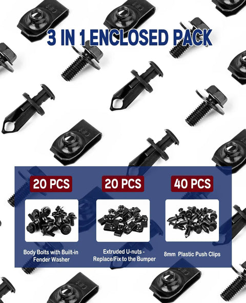 80-Piece Universal Engine Splash Shield Fastener Kit detailing U-nuts, body bolts, and plastic clips with text overlay.