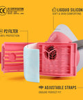 Close-up of Pro Grade Reusable Half Face Respirator Mask with Six Filters for Painting Cleaning and Sanding, pink, silicone material.