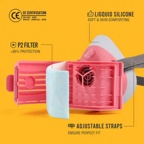 Close-up of Pro Grade Reusable Half Face Respirator Mask with Six Filters for Painting Cleaning and Sanding, pink, silicone material.