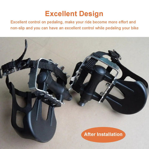 Black Toe Clip Pedal Cage System For Indoor And Outdoor Bikes, Universal Replacement Clips With Straps installed on pedals