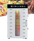 Top Shelf Commercial Electric Food Dehydrator with 20 stainless trays, featuring colorful dried fruits and jerky.