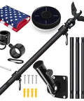 Components of All In One 5 Foot Flag Pole Kit For Outdoor Home Use With American Flag And Solar Light, showing pole, mount, and flag