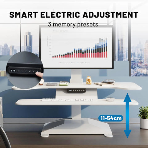 Electric standing desk converter control panel showing 3 memory presets, height adjustable 11-54cm. For ergonomic office use.