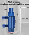 Upgraded Adjustable Broken Bolt Extractor With Reverse Flute For Stripped Faucets And Snapped Pipe Threads Fits One Half Inch Three Quarter Inch And One Inch Pipes Hex Drive Compatible Anti Rust Coating Pro Grade DIY Friendly Plumbing Tool shown with dimensions and hex drive