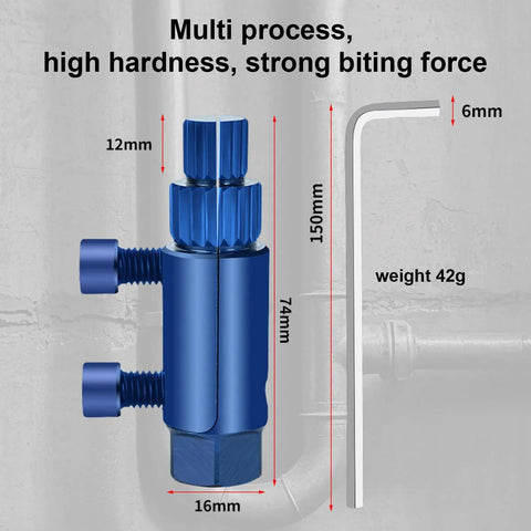 Upgraded Adjustable Broken Bolt Extractor With Reverse Flute For Stripped Faucets And Snapped Pipe Threads Fits One Half Inch Three Quarter Inch And One Inch Pipes Hex Drive Compatible Anti Rust Coating Pro Grade DIY Friendly Plumbing Tool shown with dimensions and hex drive