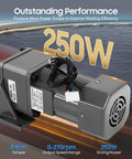 Side view of gear motor with mounting bracket, 250W 110V gray housing; 8 N m torque, 0-270 rpm
