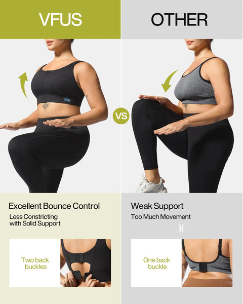 Comparison of High Impact Zip Front Sports Bra For Women With Full Coverage Lift And Padded Support on left and gray bra on right.