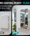 Side-by-side comparison of a white electronic device with a smooth and mirror finish, showing 'before' and 'after' coating results.