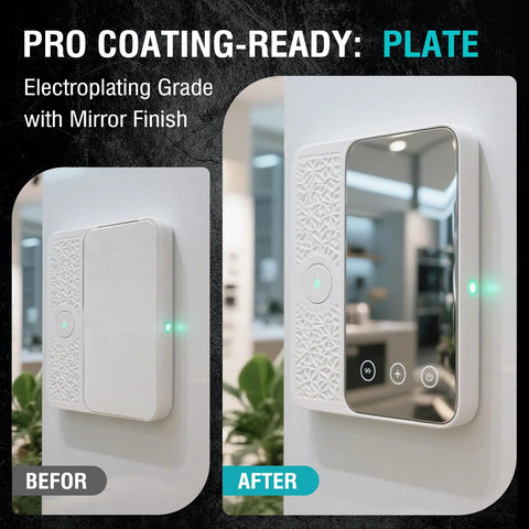 Side-by-side comparison of a white electronic device with a smooth and mirror finish, showing 'before' and 'after' coating results.