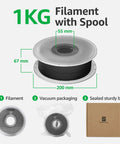 Black PLA Basic Filament 1.75mm 1kg spool with dimensions, vacuum packaging, and box; for 3D printing, smooth finish, low warp