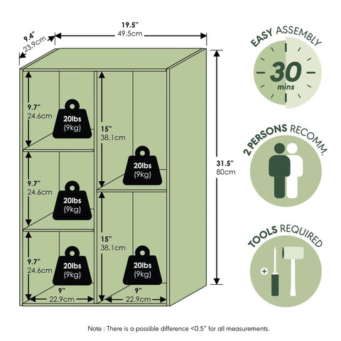 Dimensions and weight capacity of 5-Cube Bookshelf Organizer With Reversible Design And Easy Assembly, tools shown