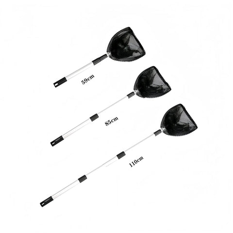 Extendable Ball Picker For Golf And Table Tennis Balls, One Hand Grab, showing three sizes with nylon net and aluminum alloy frame.