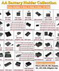 AA Battery Holder Collection showcasing various styles including 4 Slot, 6 Slot, and 8 Slot with connectors.