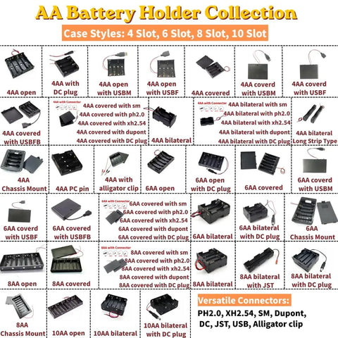 AA Battery Holder Collection showcasing various styles including 4 Slot, 6 Slot, and 8 Slot with connectors.
