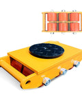 Heavy Duty Steel Machinery Mover With Precision Steering Rollers For Factory Equipment Relocation And Industrial Transport, rugged yellow dolly with red rollers.