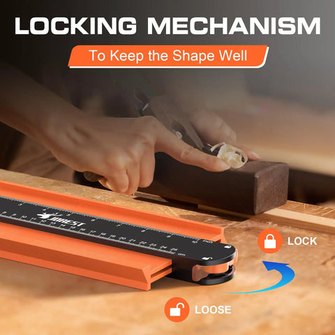 Contour Gauge With Lock 10 Inch Adjustable Shape Measuring Tool in use for woodworking, showcasing locking mechanism on ABS plastic.