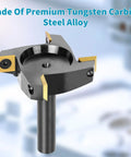 Spoilboard Surfacing Router Bit With ATS Coating For Smooth Cuts Four Blade Carbide Inserts Beast Performance Two And A Half Inch Cutting Diameter One Half Inch Shank Universal For Wood Slab Use On Hand Routers And CNC Routers, shown close-up.