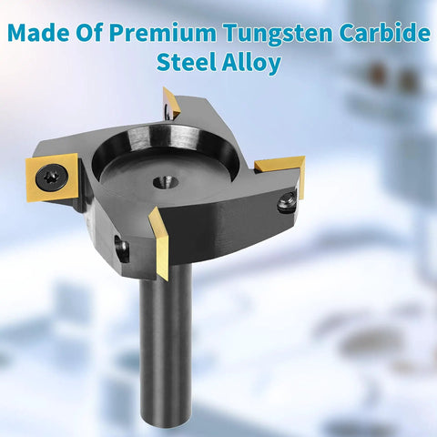 Spoilboard Surfacing Router Bit With ATS Coating For Smooth Cuts Four Blade Carbide Inserts Beast Performance Two And A Half Inch Cutting Diameter One Half Inch Shank Universal For Wood Slab Use On Hand Routers And CNC Routers, shown close-up.