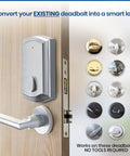 Smart Remote Door Lock Upgrade For Existing Deadbolt With 30 Second Tool Free Install, Automatic Keyless Entry shown on wooden door