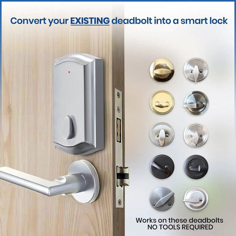 Smart Remote Door Lock Upgrade For Existing Deadbolt With 30 Second Tool Free Install, Automatic Keyless Entry shown on wooden door