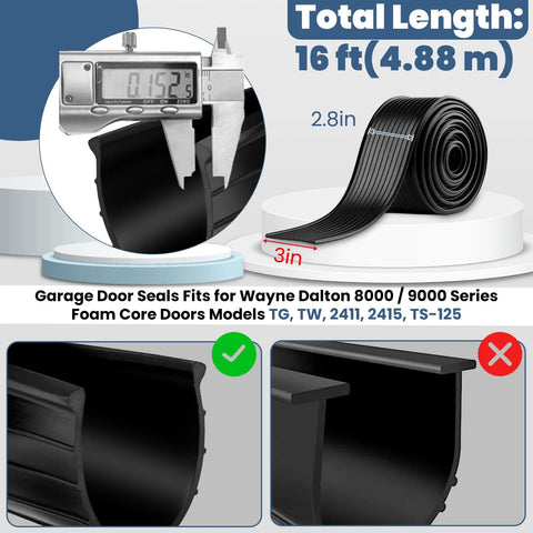 Garage door bottom seal roll, 16 ft black vinyl weather stripping, 3 in wide for Wayne Dalton 8000/9000 series doors.
