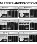 Multiple hanging options for Floor To Ceiling Blackout Curtain Panel For Wall And Ceiling Track System Room Divider With Hooks Soundproof Privacy Shield Extra Wide One Panel 180 Inches Wide By 108 Inches Long Ideal For Studios And Open Living Spaces displayed.