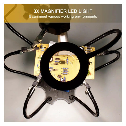 Adjustable Soldering Third Hand Tool With Gooseneck Arms PCB Holder Three LED Magnifying Lamp showing PCB under magnifier