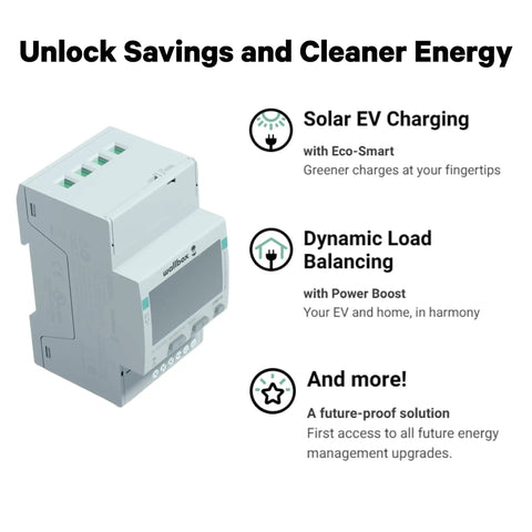 Smart Power Meter For EV Chargers With Dynamic Load Management That Auto Regulates Heavy Grid Demand For Home And Commercial Charging Stations To Crush High Rates, grey device with display and connections.
