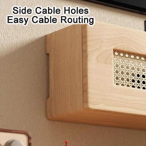 Side view of Dope Wall Mounted Rattan Router Cabinet Hides Smart Home Gear Tucked Away For Chill Vibes In Any Space Featuring breathable slots.