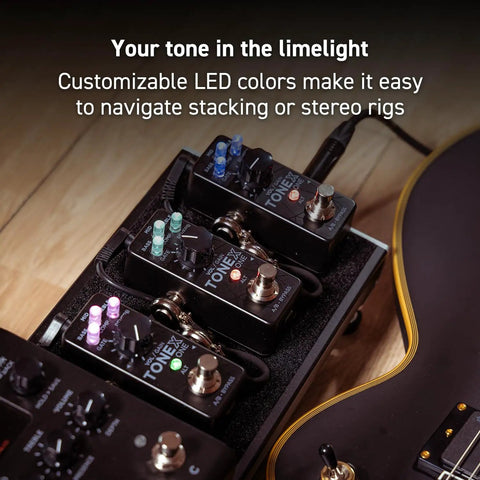 Tonex One AI MultiFX Micro Pedal Lets You Tone Model Any Electric Guitar Amp, Pedal Or Effect With AI Models, 3 colorful pedals side by side