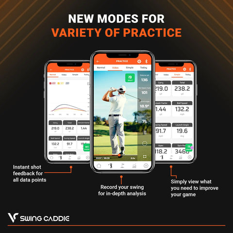 Screens showing SC300i Portable Golf Launch Monitor And Swing Analyzer With Real Time Shot Data Tracking For Indoor And Outdoor Practice Pro Grade Training Equipment Up To 20 Hours Battery Life Everywhere interfaces with golfer.
