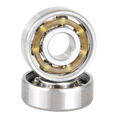 Close-up of a 608 open deep groove ball bearing with nylon cage, 8x22x7mm, C3 clearance.