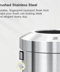 Heavy Duty 24 Gallon Round Stainless Steel Open Top Waste Bin Smooth Brushed Finish close-up showing fingerprint-resistant design.