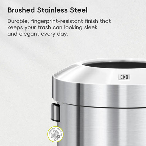 Heavy Duty 24 Gallon Round Stainless Steel Open Top Waste Bin Smooth Brushed Finish close-up showing fingerprint-resistant design.