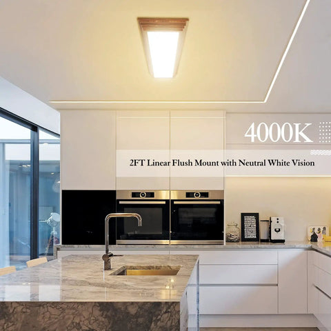 2-Foot LED Light Fixture With Wood Look Wraparound Dimmable 3000K 4000K 5000K Color Temperature 30W 3300LM in modern kitchen