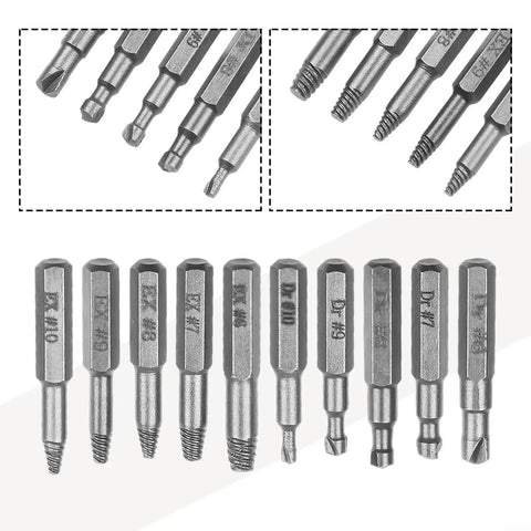 FABULETTA 10-Piece Damaged Screw Remover Drill Bit Set, steel extractor bits with 4mm and 6.35mm shanks for stripped bolts