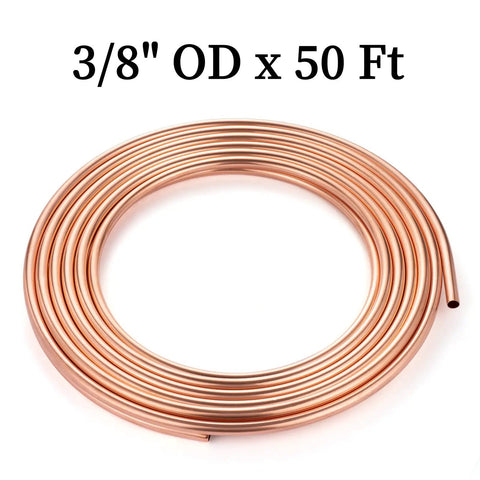 Coiled Three Eighth Inch Outer Diameter Copper Tubing Coil Fifty Foot Length 0.328 Inch Inner Diameter Pro Grade Refrigeration ACR Tube