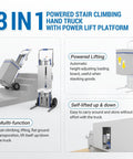 Heavy Duty Electric Stair Climbing Hand Truck With Power Lift Platform Handling All The Heavy Work So You Ride Easy Hauling Up To Three Seventy Five Pounds Across Floors Or Up Flights Of Stairs Smoothly with adjustable loading board.