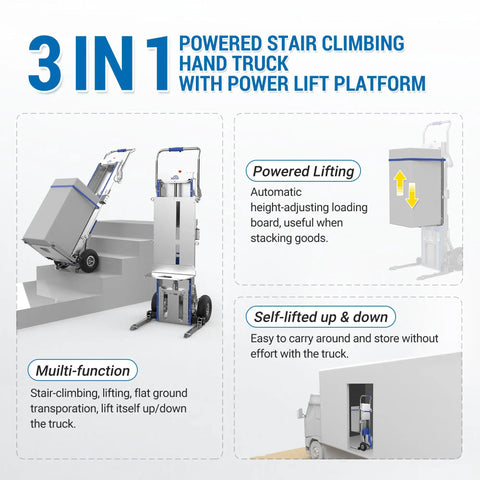 Heavy Duty Electric Stair Climbing Hand Truck With Power Lift Platform Handling All The Heavy Work So You Ride Easy Hauling Up To Three Seventy Five Pounds Across Floors Or Up Flights Of Stairs Smoothly with adjustable loading board.