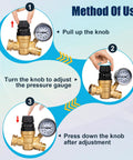 Gickbusus leadless brass RV water pressure regulator valve with built-in strainer and pressure gauge.
