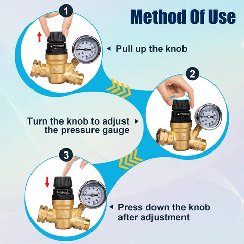 Gickbusus leadless brass RV water pressure regulator valve with built-in strainer and pressure gauge.