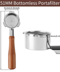 Front view of 51mm bottomless portafilter with wooden handle and stainless steel filter basket.