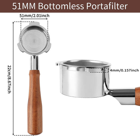 Front view of 51mm bottomless portafilter with wooden handle and stainless steel filter basket.
