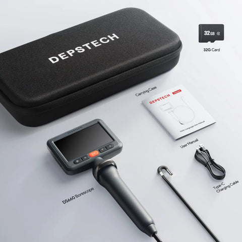 5 Inch IPS Screen Articulating Borescope Endoscope Camera With Light 210 Degree Two Way Articulation carrying case, manual, card, and cable