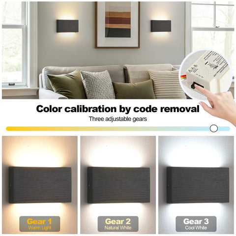 Modern Wood LED Linear Wall Sconce, Mini Up Down Wall Mount Light,Hardwired,UL Listed,Wood Wall Lighting Fixture for Bedroom, Living Room,Stairway, Hallway, (Black) 2 Pack showing adjustable color temperature settings.