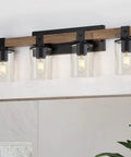Farmhouse Vanity Light Fixture With Industrial Wood Wall Sconce And 4 Light Clear Glass Shades For Bathroom Hallway Kitchen Bedroom Antique Wood Finish Modern Rustic Home Decor.