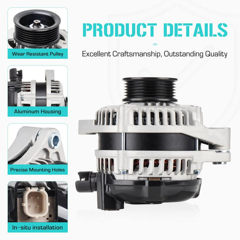 Plug And Play No Fuss Heavy Duty Alternator Replacement Fits Honda 3.5L, aluminum housing and wear-resistant pulley