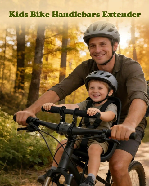 Father and son riding with 2-In-1 Kids Bike Handlebar Extender For Mountain Bikes And BMX, enjoying a smooth forest trail.