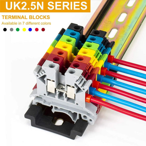 DIN Rail Terminal Block With Screw Clamp, 600V Rating, 20A Max, multicolored setup with wires connected